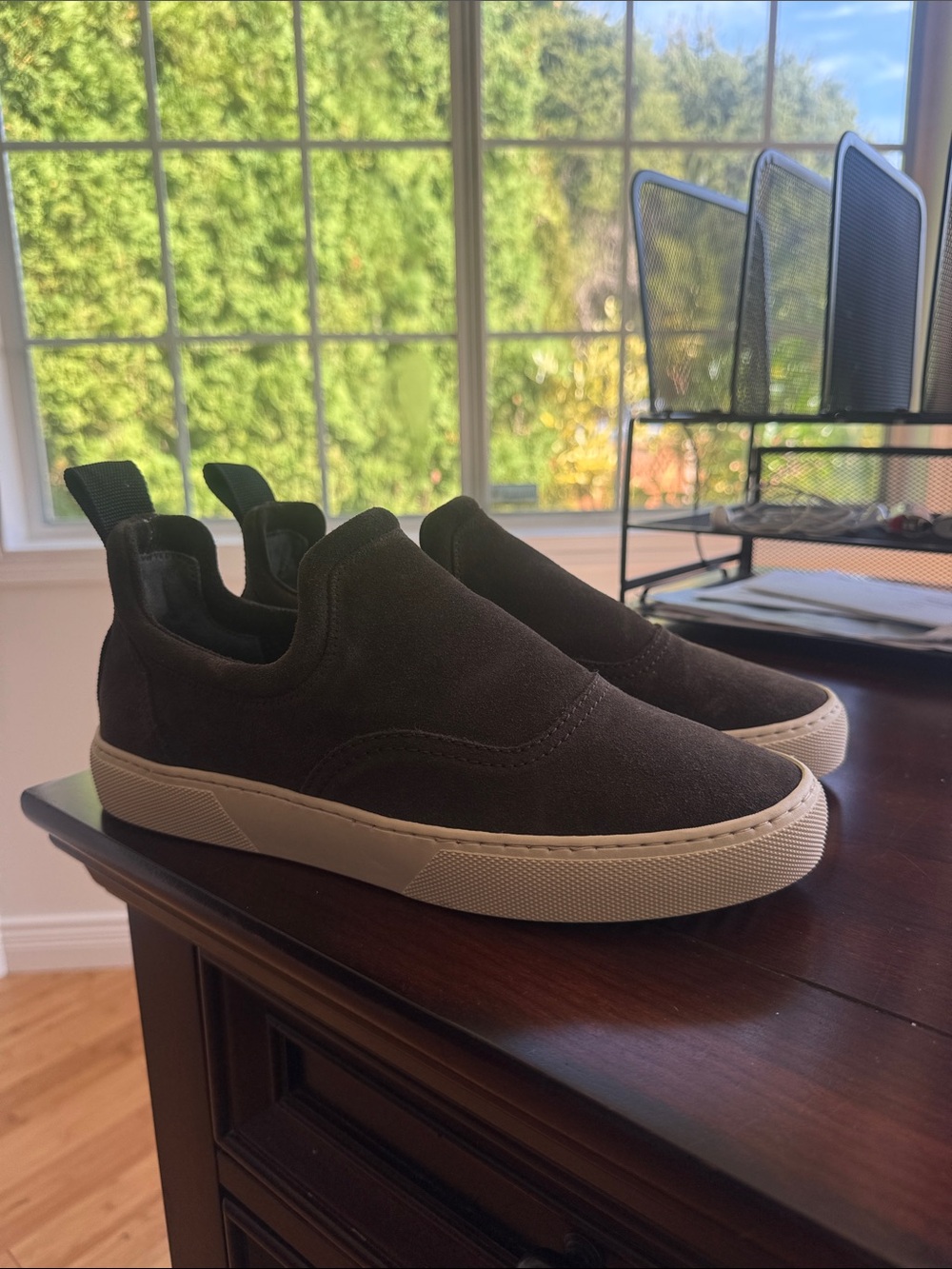 James Perse Dark Brown Suede Slip-On Sneakers with Cream Sole